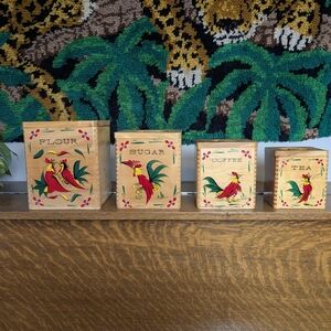 Vintage Wooden Rooster Nesting Canister Set Flour Sugar Coffee Tea Hand Painted